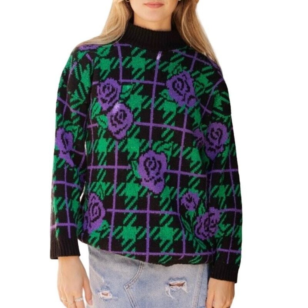 Vintage 90s Adele Knitwear Sweater Womens Black Rose Metallic Mockneck Outerwear - Picture 2 of 7